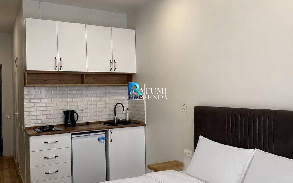Спальная зона и кухня в квартире-студии 30 м² в LemonGarden Residence & Spa, район Аэропорт, Батуми